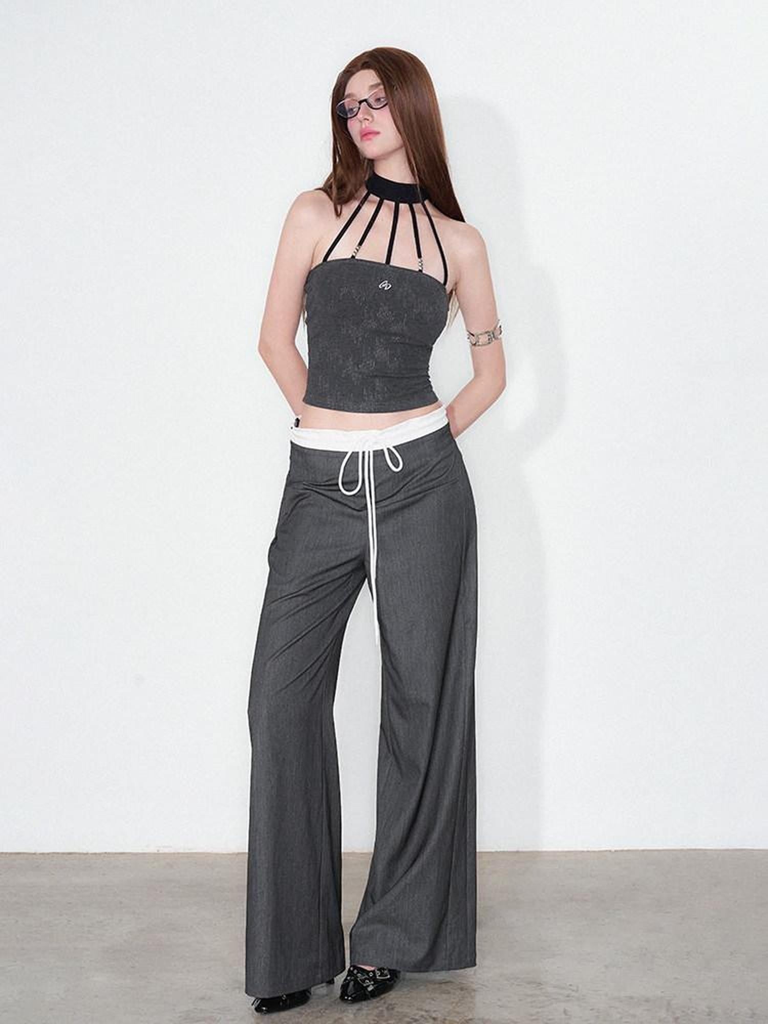 AFTADAWN Silver Foil Embroidered Halter Slim Women&