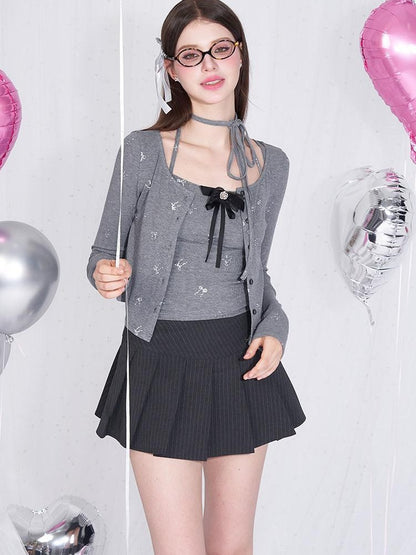 AFTADAWN Silver Foil Print Bow Tie Removable Straps Women&