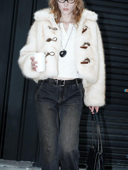 AFTADAWN Silver Fox Fur Collar Short Eco Friendly Coat