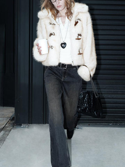 AFTADAWN Silver Fox Fur Collar Short Eco Friendly Coat