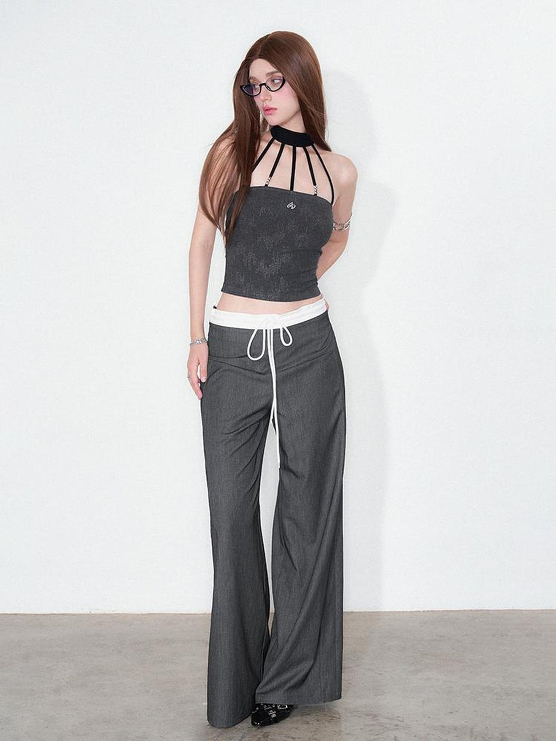 AFTADAWN Silver Neck Tank Top & Wide Leg Trousers Set