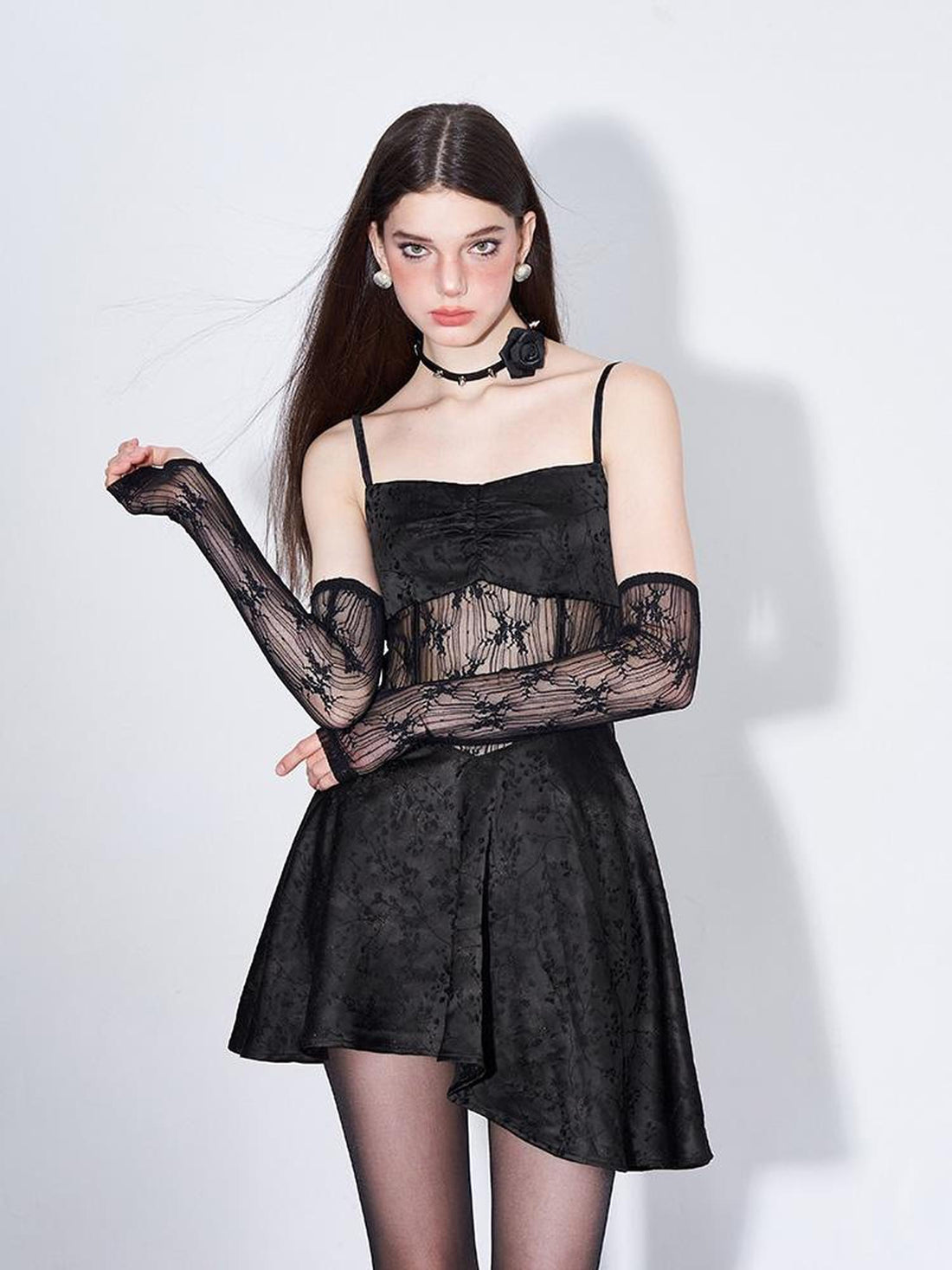 AFTADAWN Sleeved Gilded Lace Paneled Corset Slip Dress