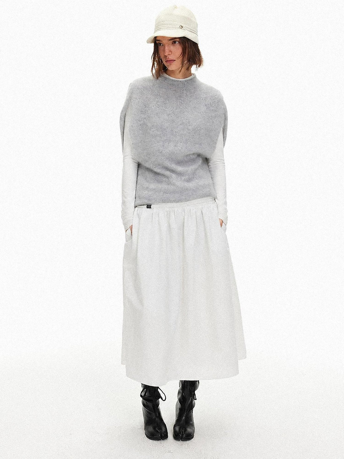 AFTADAWN Sleeveless Cape Mock Neck Wool Cashmere Women&