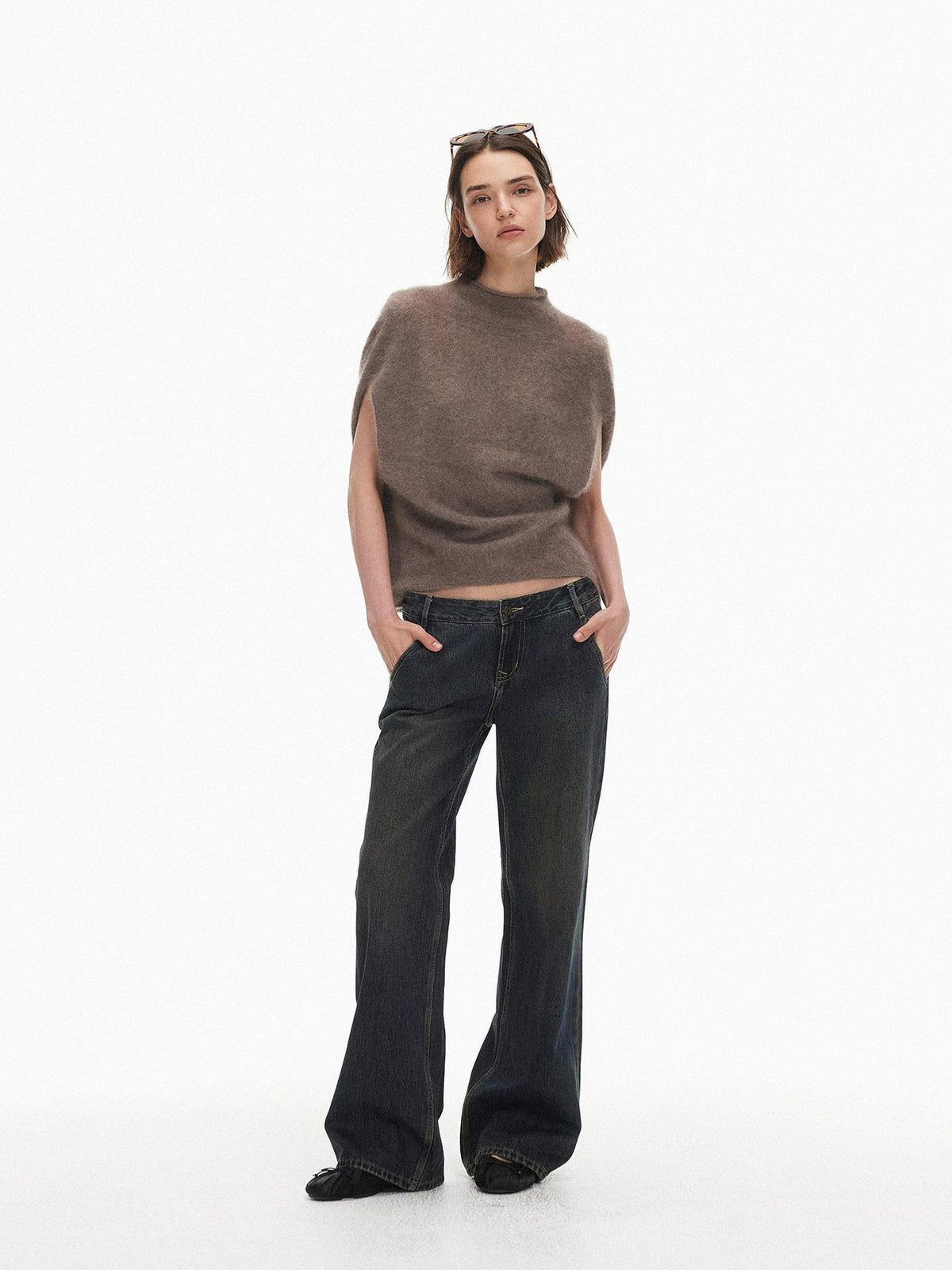 AFTADAWN Sleeveless Cape Mock Neck Wool Cashmere Women&
