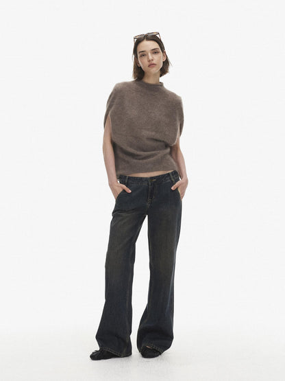 AFTADAWN Sleeveless Cape Mock Neck Wool Cashmere Women&