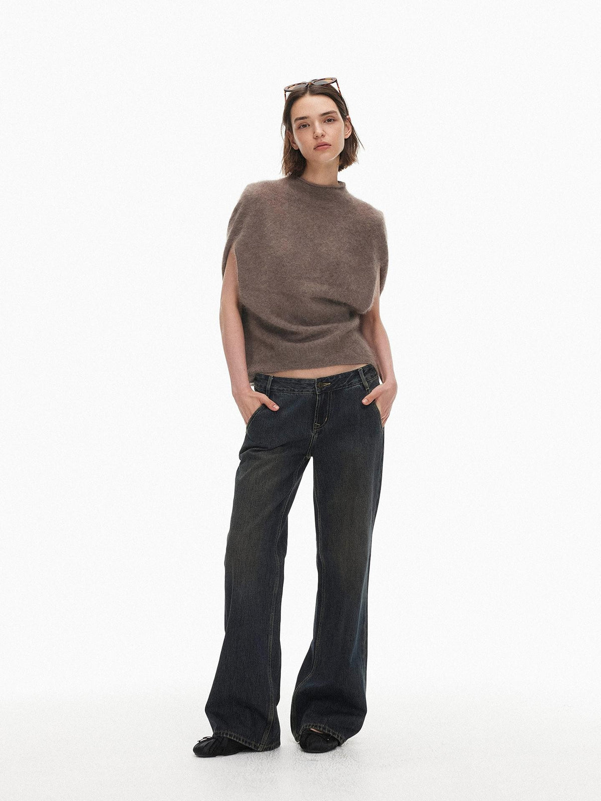 AFTADAWN Sleeveless Cape Mock Neck Wool Cashmere Women&