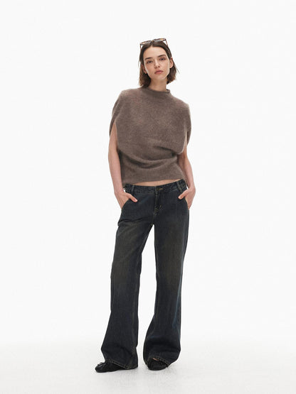 AFTADAWN Sleeveless Cape Mock Neck Wool Cashmere Women&