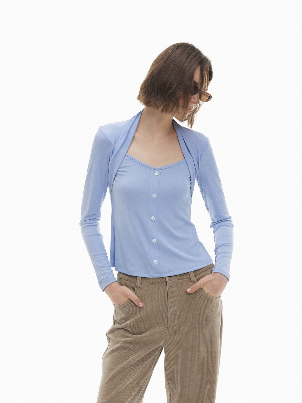 AFTADAWN Slim Fit Button Front Square Neck Tencel Women&