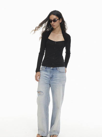 AFTADAWN Slim Fit Button Front Square Neck Tencel Women&
