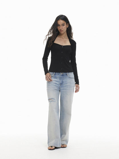 AFTADAWN Slim Fit Button Front Square Neck Tencel Women&