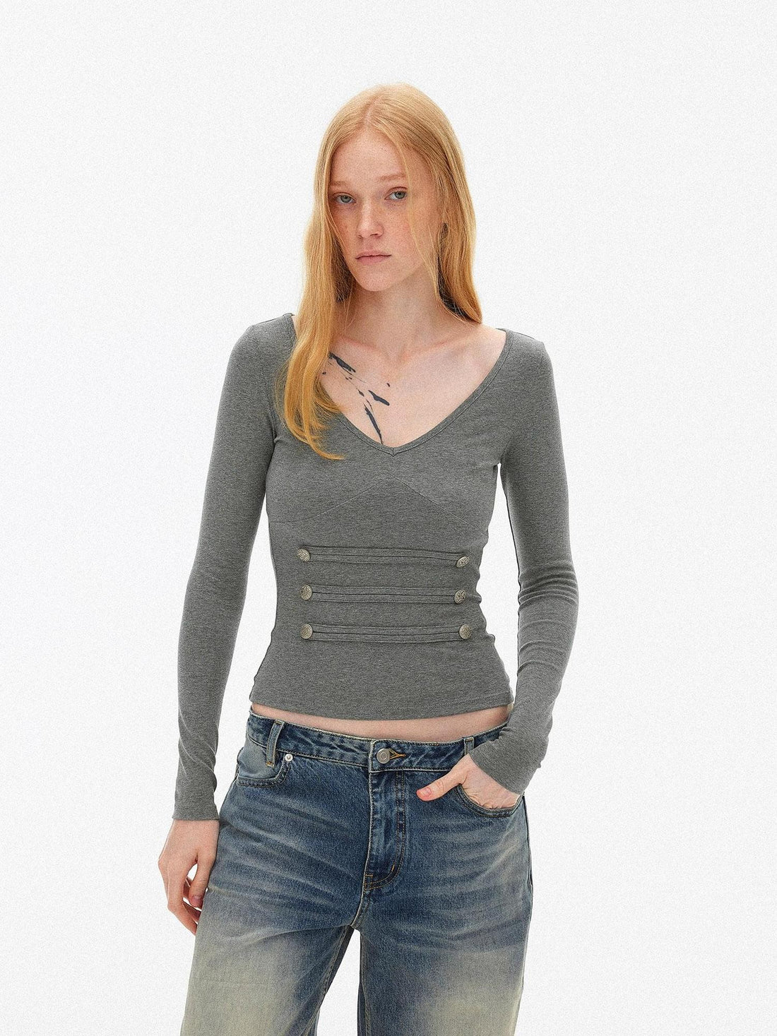 AFTADAWN Slim Fit Deep V-neck Button Trim Cotton Women&