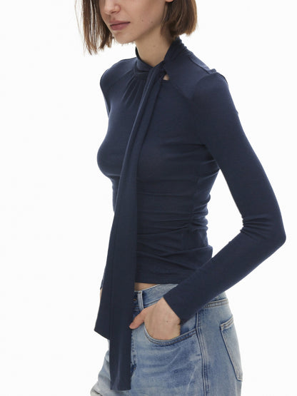 AFTADAWN Slim Fit Lace Up Mock Neck Lyocell Wool Women&