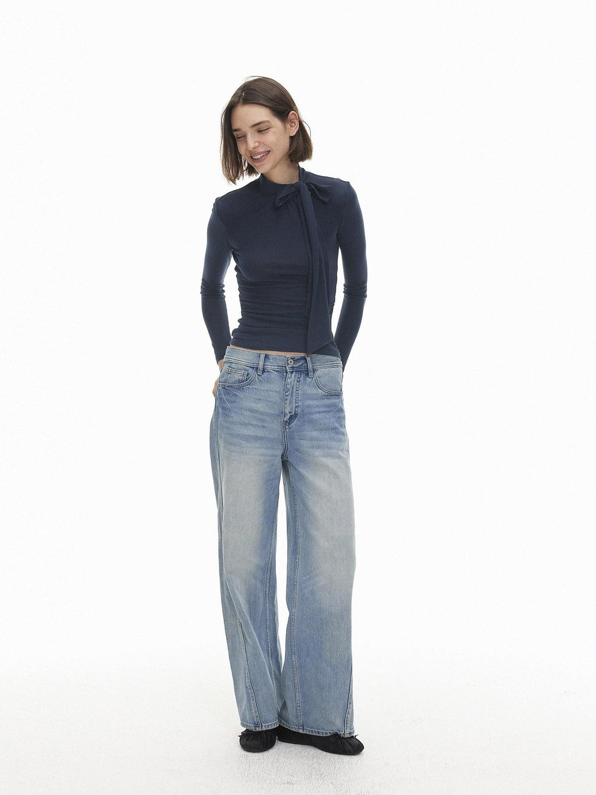 AFTADAWN Slim Fit Lace Up Mock Neck Lyocell Wool Women&