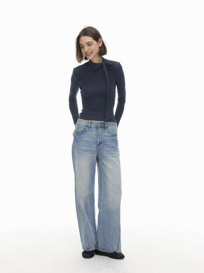 AFTADAWN Slim Fit Lace Up Mock Neck Lyocell Wool Women&