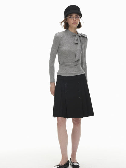 AFTADAWN Slim Fit Lace Up Mock Neck Lyocell Wool Women&