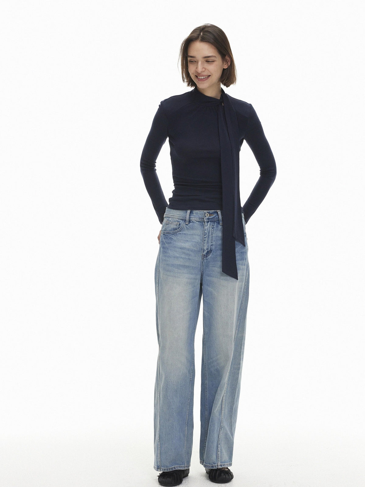 AFTADAWN Slim Fit Lace Up Mock Neck Lyocell Wool Women&