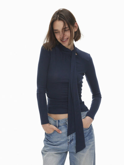 AFTADAWN Slim Fit Lace Up Mock Neck Lyocell Wool Women&