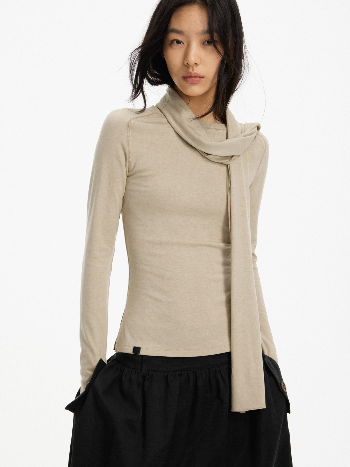 AFTADAWN Slim Fit Round Neck Detachable Scarf Lyocell Wool Women&