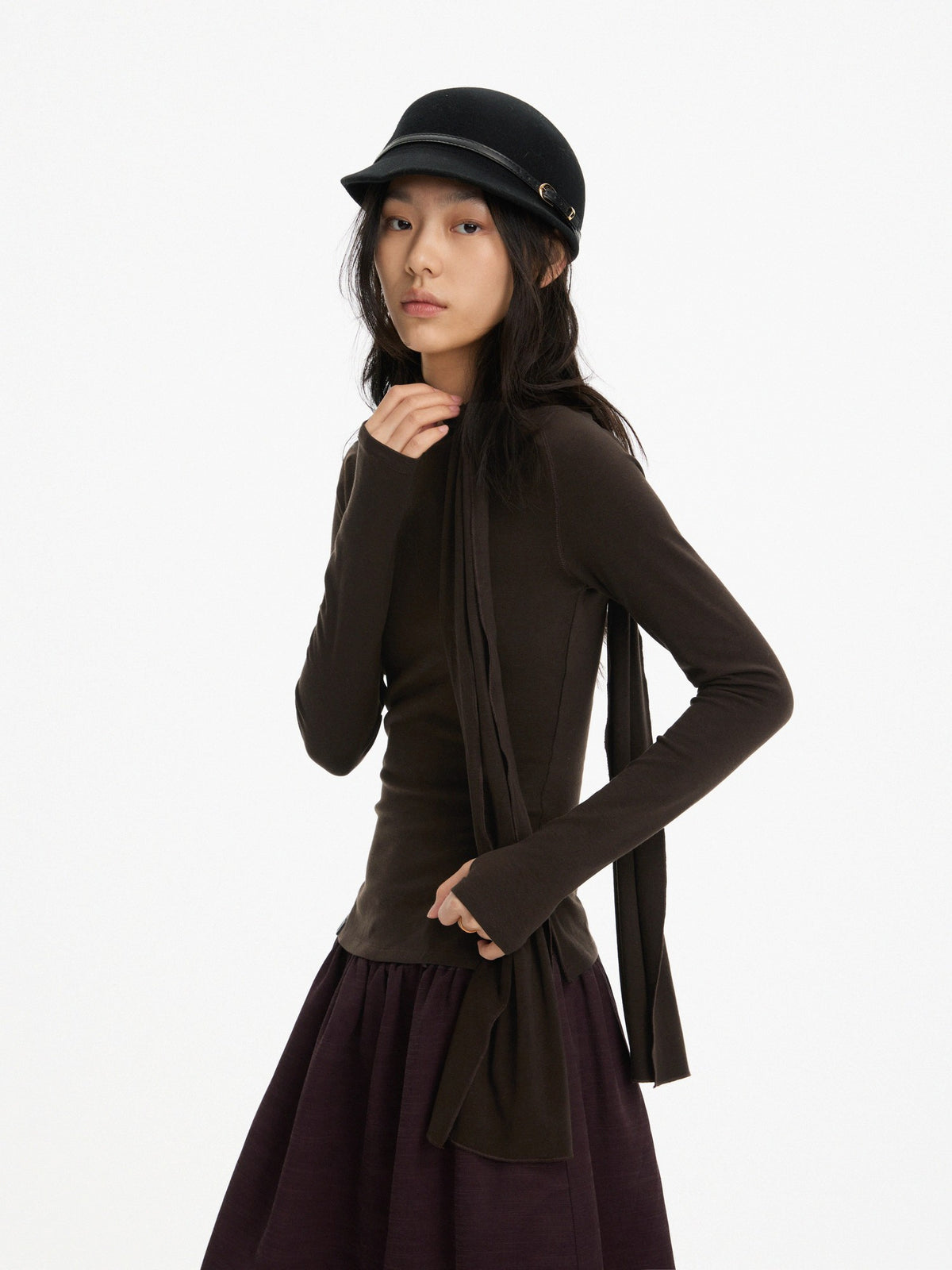 AFTADAWN Slim Fit Round Neck Detachable Scarf Lyocell Wool Women&
