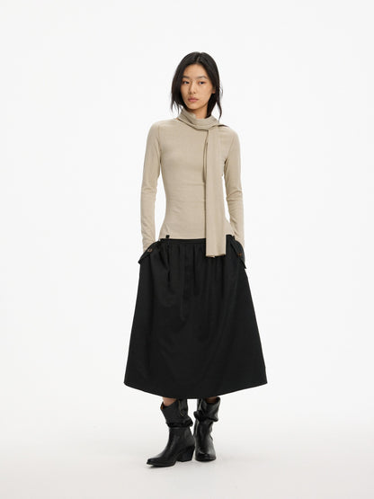 AFTADAWN Slim Fit Round Neck Detachable Scarf Lyocell Wool Women&