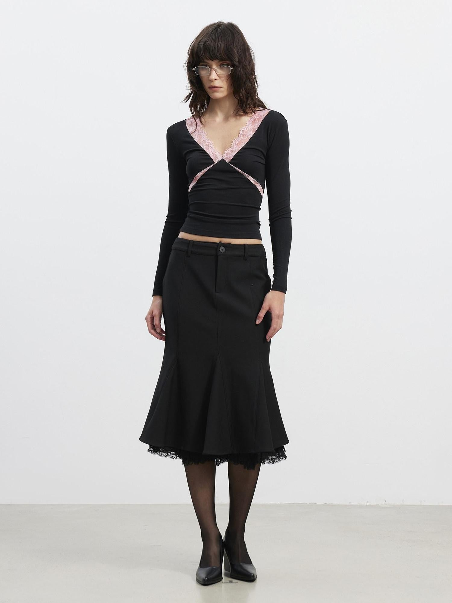 AFTADAWN Slim Lace Panel High Waist Front Zipper Women&