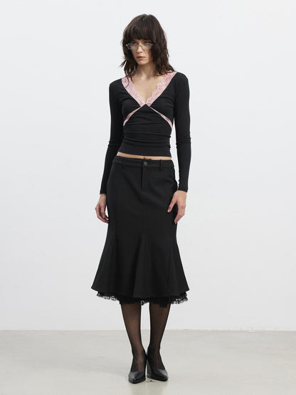 AFTADAWN Slim Lace Panel High Waist Front Zipper Women&