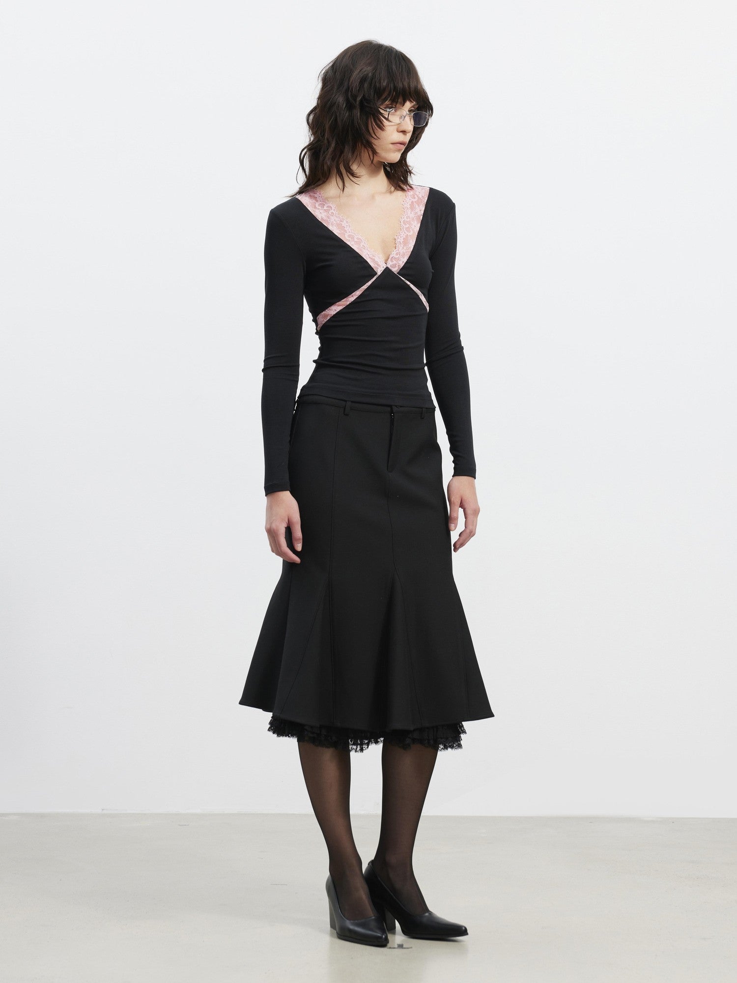 AFTADAWN Slim Lace Panel High Waist Front Zipper Women&