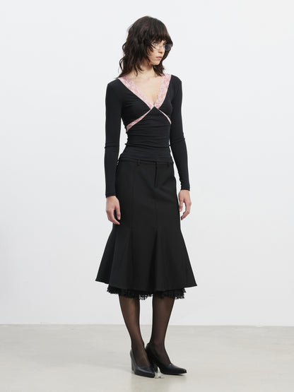 AFTADAWN Slim Lace Panel High Waist Front Zipper Women&
