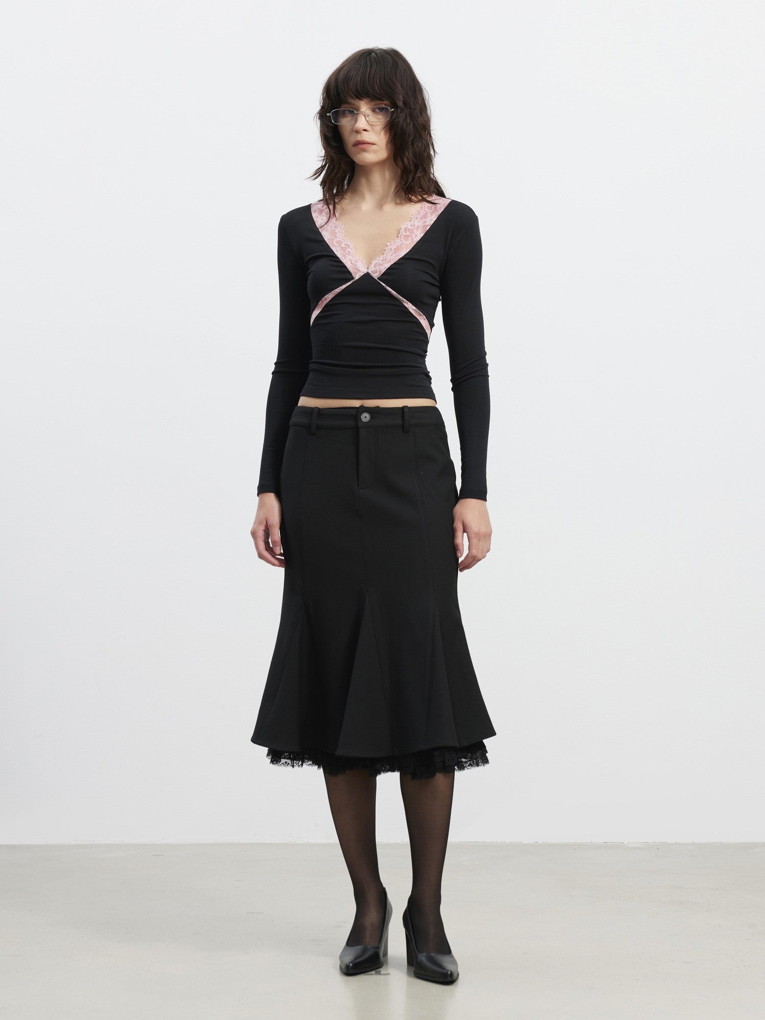 AFTADAWN Slim Lace Panel High Waist Front Zipper Women&