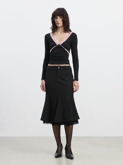 AFTADAWN Slim Lace Panel High Waist Front Zipper Women&