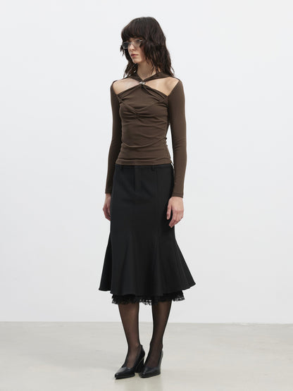 AFTADAWN Slim Lace Panel High Waist Front Zipper Women&