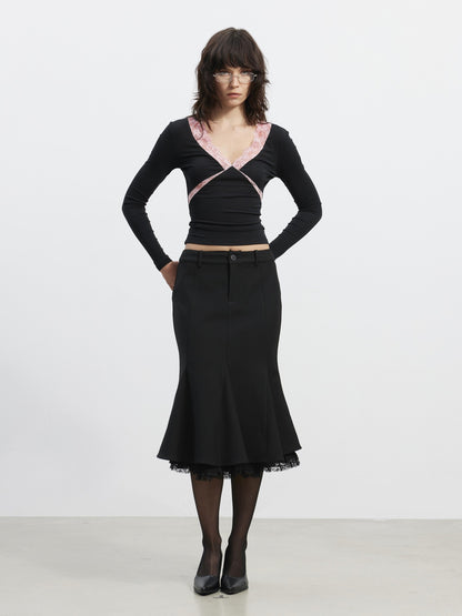 AFTADAWN Slim Lace Panel High Waist Front Zipper Women&