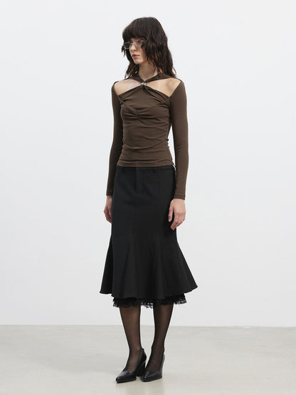 AFTADAWN Slim Lace Panel High Waist Front Zipper Women&