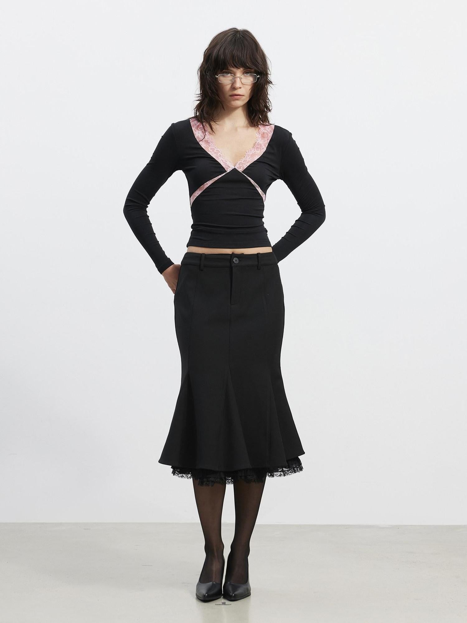 AFTADAWN Slim Lace Panel High Waist Front Zipper Women&