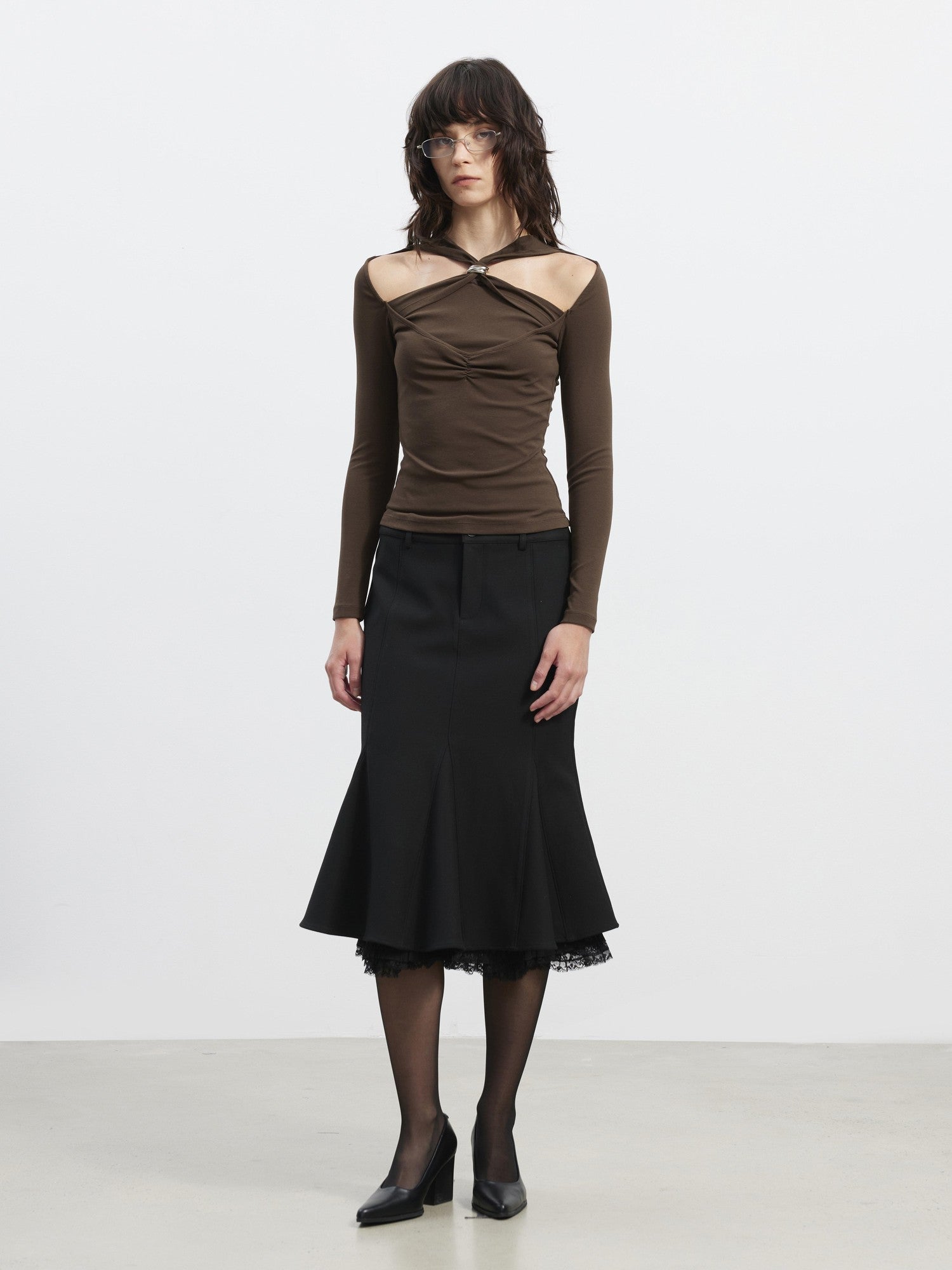 AFTADAWN Slim Lace Panel High Waist Front Zipper Women&