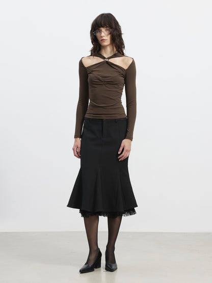 AFTADAWN Slim Lace Panel High Waist Front Zipper Women&