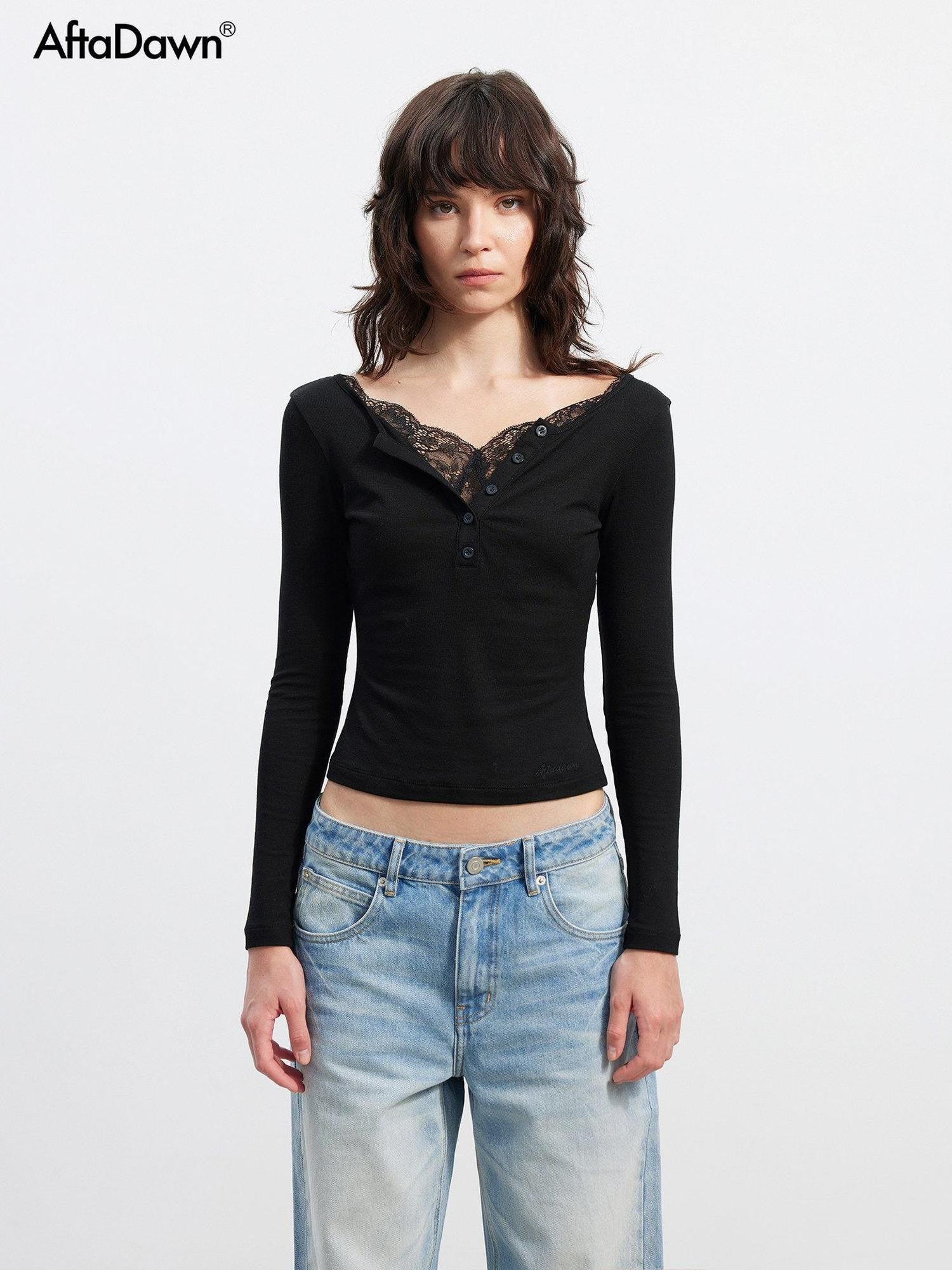 AFTADAWN Slim Lace Spliced V-neck Women&