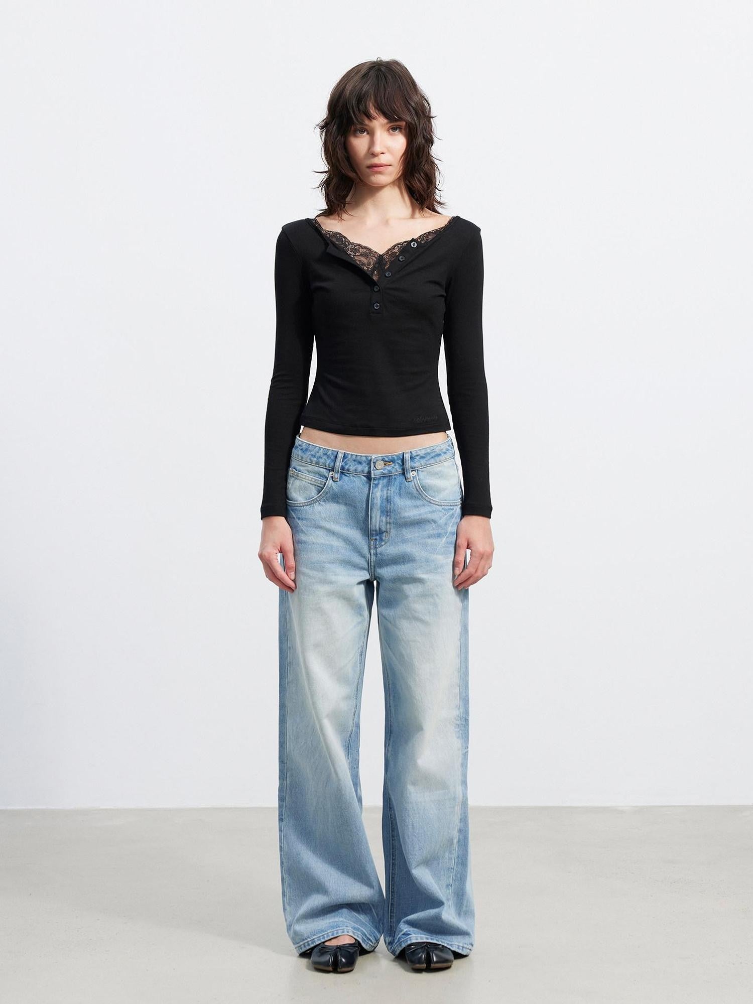 AFTADAWN Slim Lace Spliced V-neck Women&