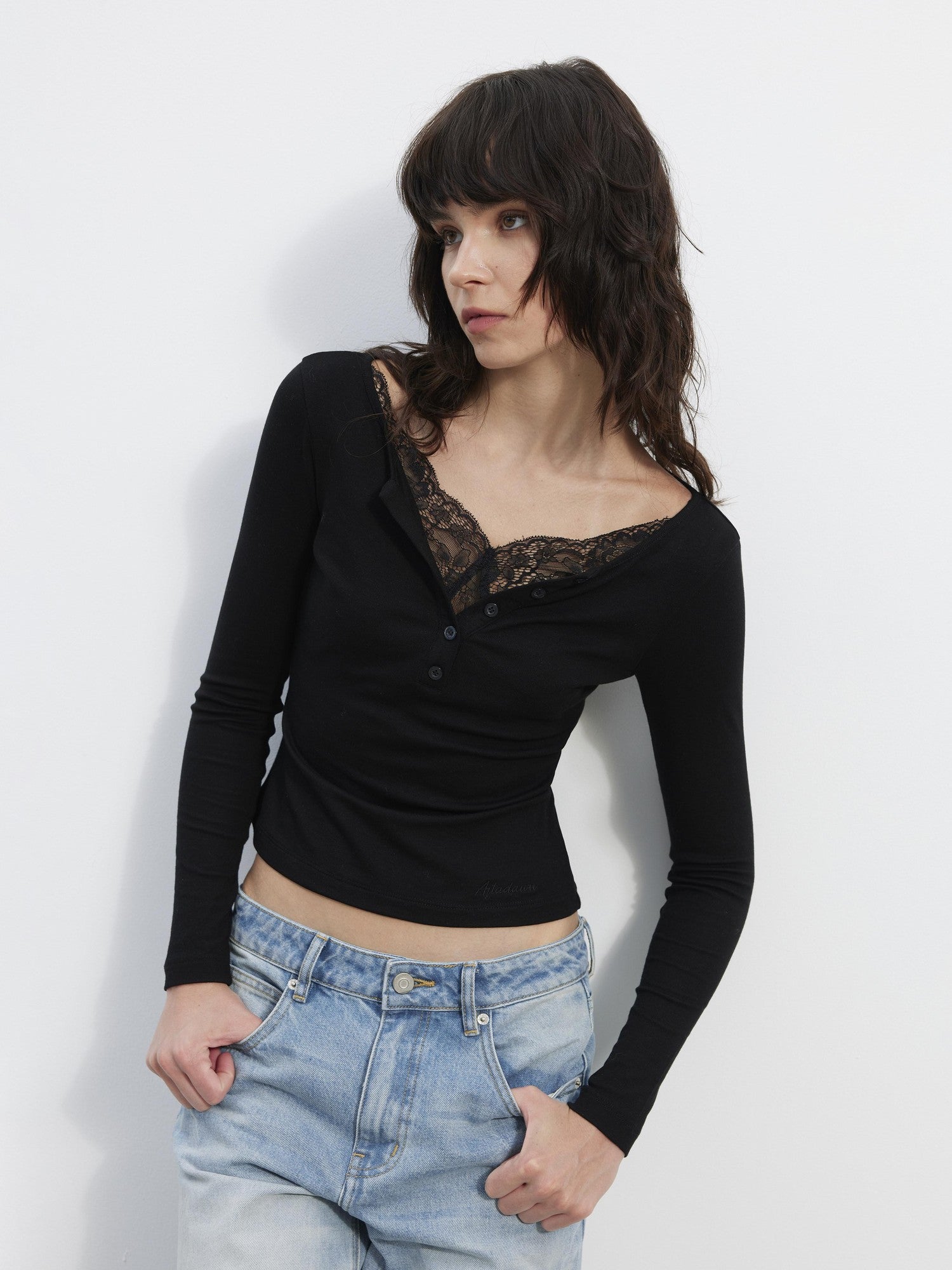 AFTADAWN Slim Lace Spliced V-neck Women&