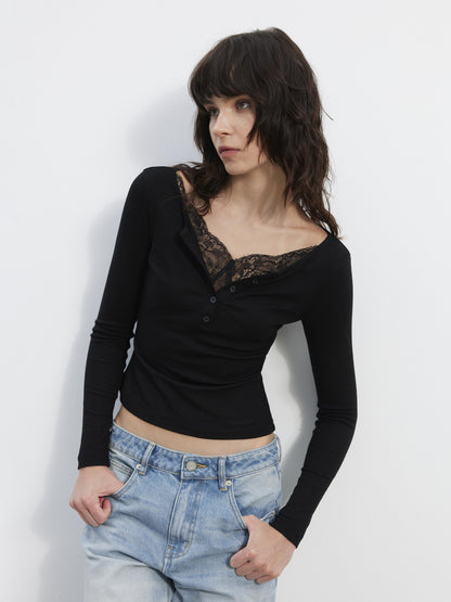 AFTADAWN Slim Lace Spliced V-neck Women&
