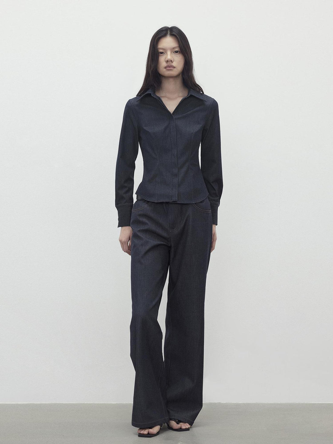 AFTADAWN Slim Waist Blue Mohair Denim Like Shirt