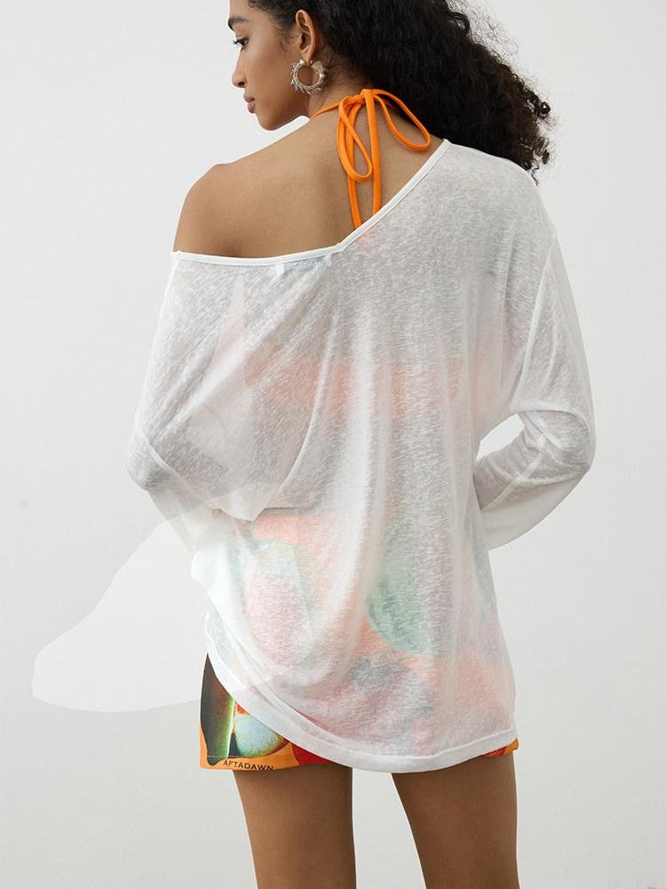 AFTADAWN Snowflake Asymmetric Shoulder V-neck Women&