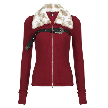 AFTADAWN_Soft_Fur_Collar_Detachable_Buckle_Double_Zipper_Colorblock_Women&