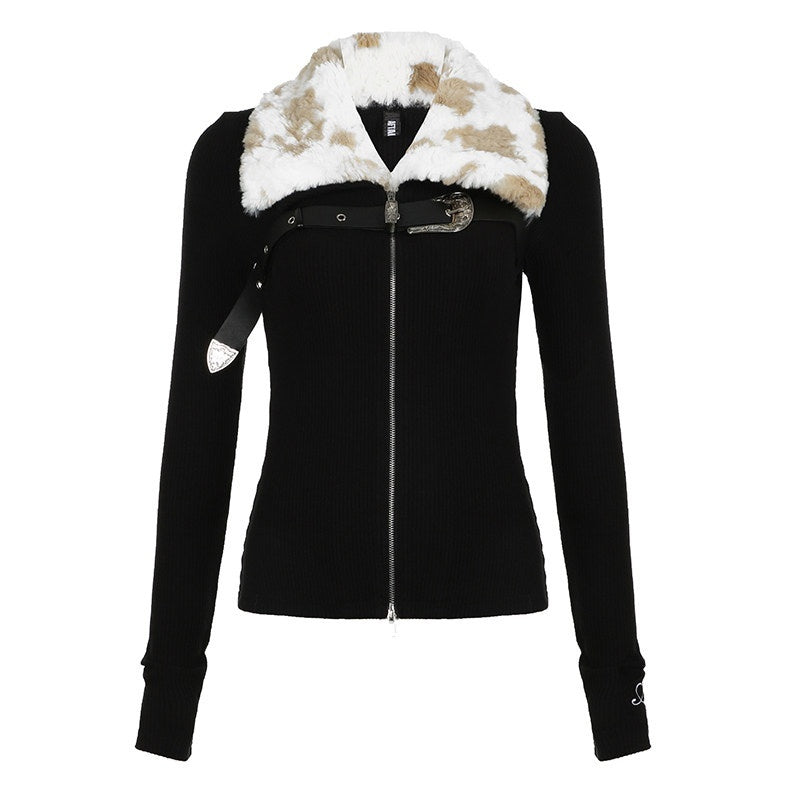AFTADAWN_Soft_Fur_Collar_Detachable_Buckle_Double_Zipper_Colorblock_Women&