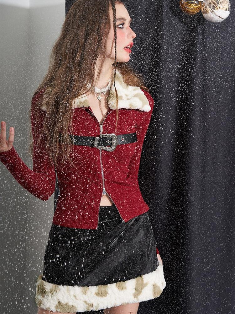 AFTADAWN Soft Fur Collar Detachable Buckle Double Zipper Colorblock Women&
