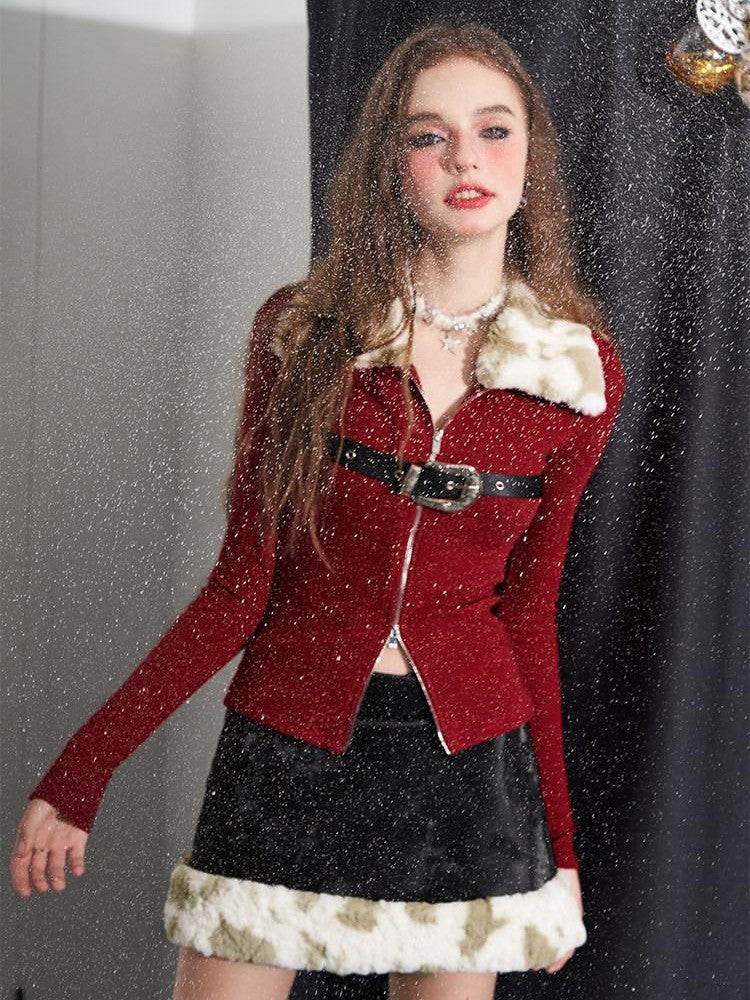 AFTADAWN Soft Fur Collar Detachable Buckle Double Zipper Colorblock Women&
