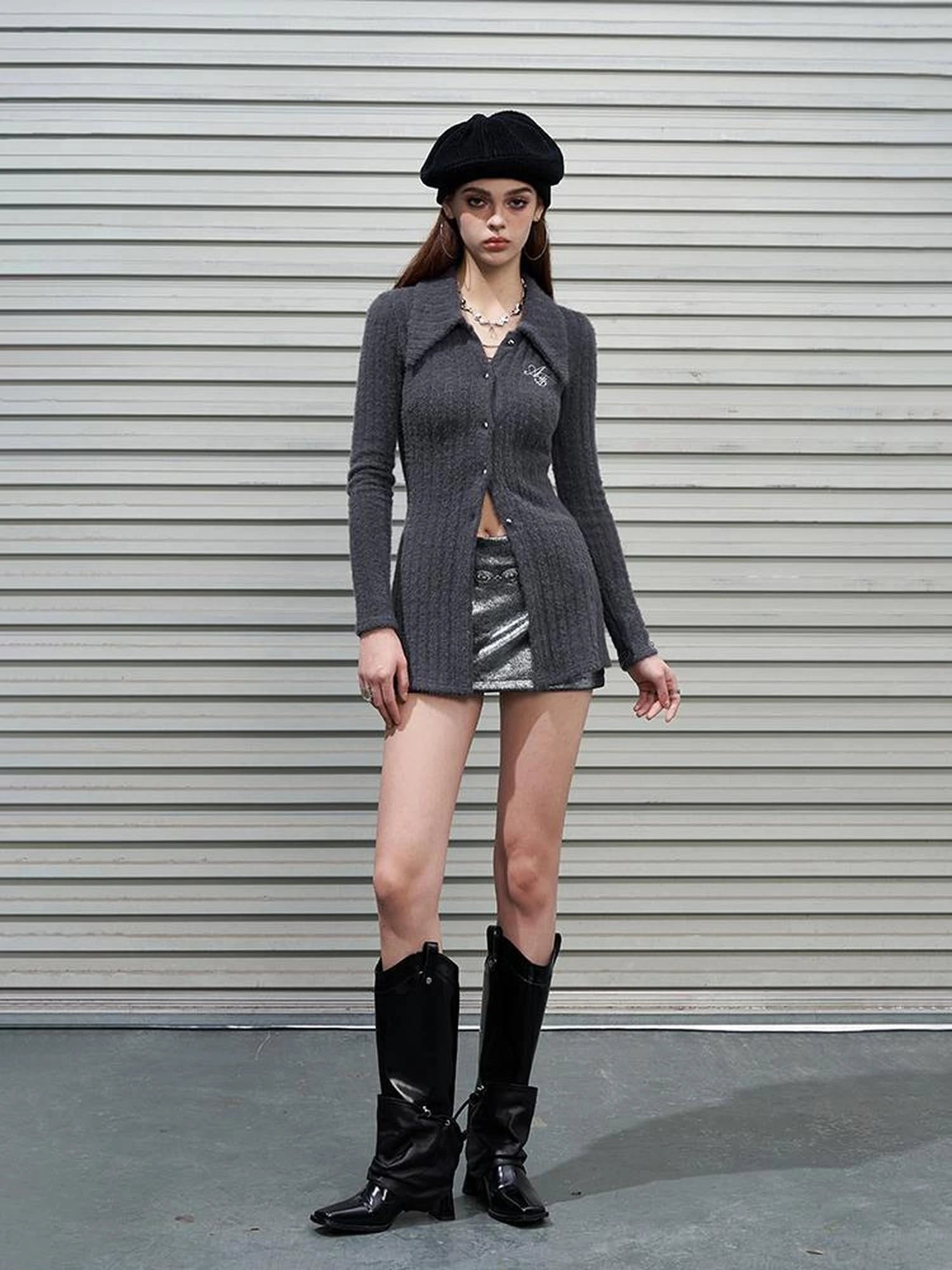 Soft Mink Knit Shirt With Ribbed Texture