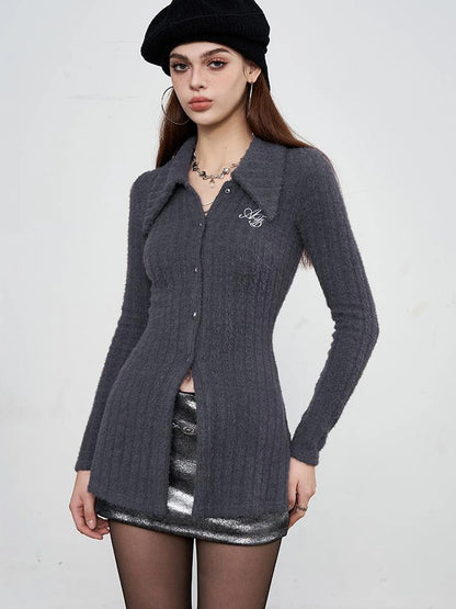 Soft Mink Knit Shirt With Ribbed Texture