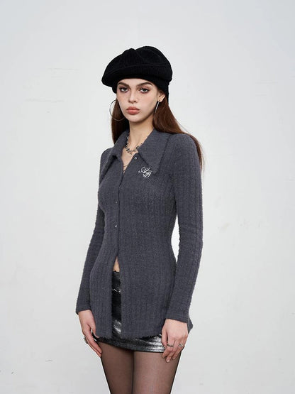 Soft Mink Knit Shirt With Ribbed Texture