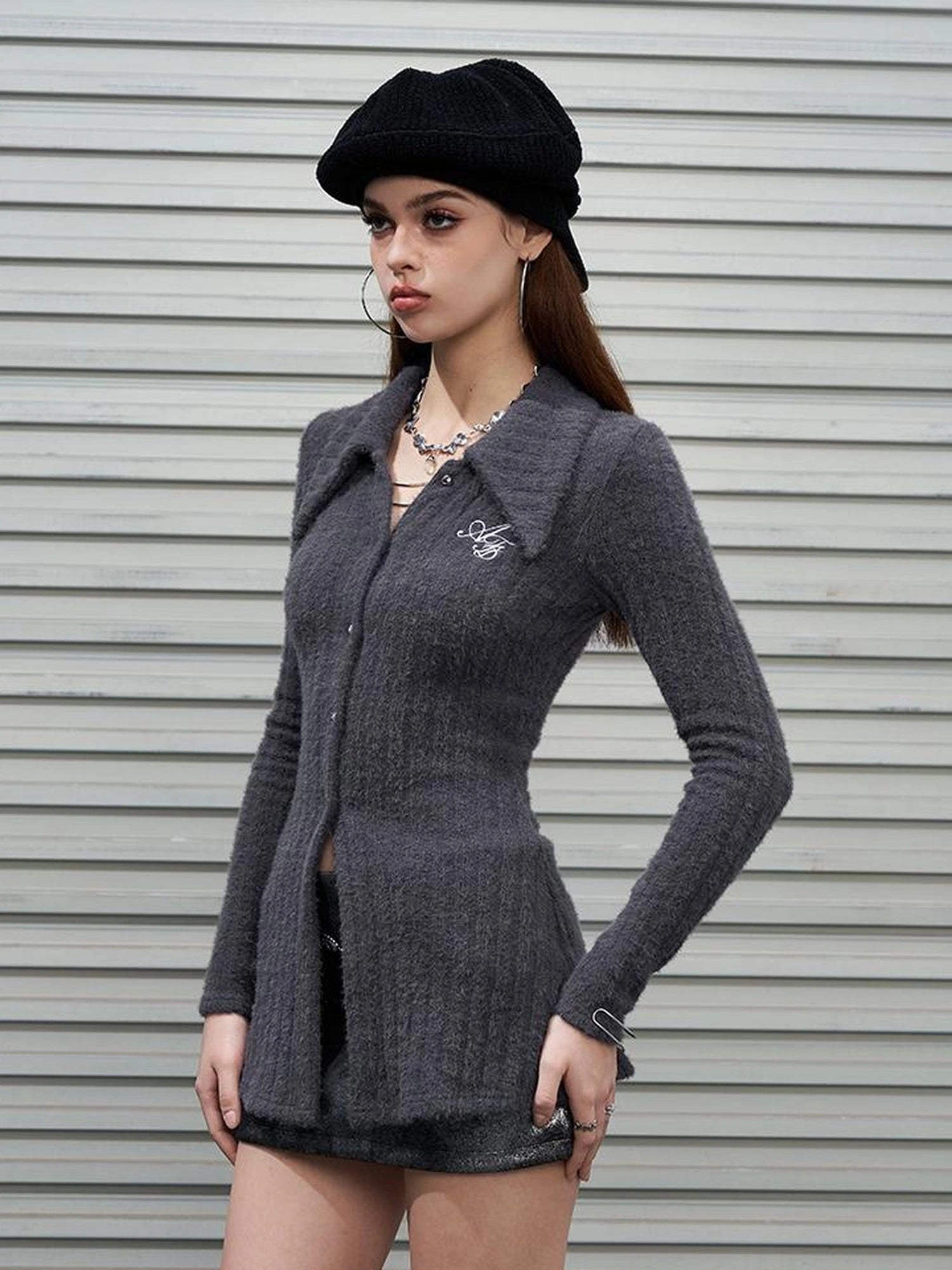 Soft Mink Knit Shirt With Ribbed Texture